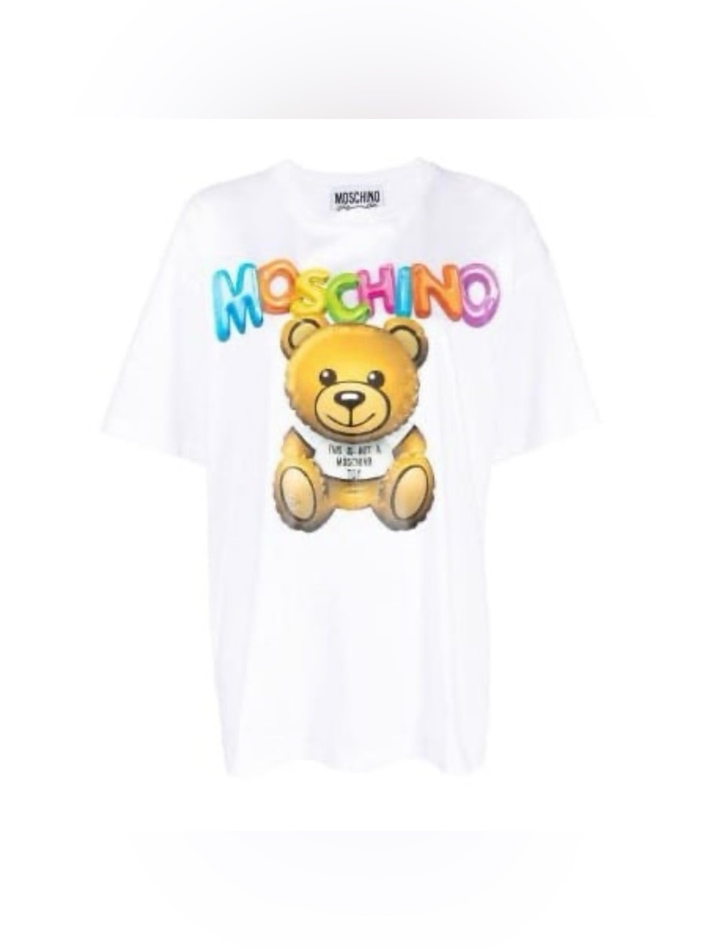 Moschino White Tee with Rainbow Logo and Yellow Teddy Bear